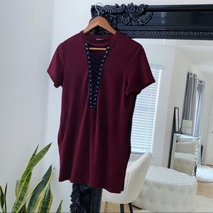 Fashion Nova | Women’s Maroon Oversized Lace-Up T-Shirt Dress